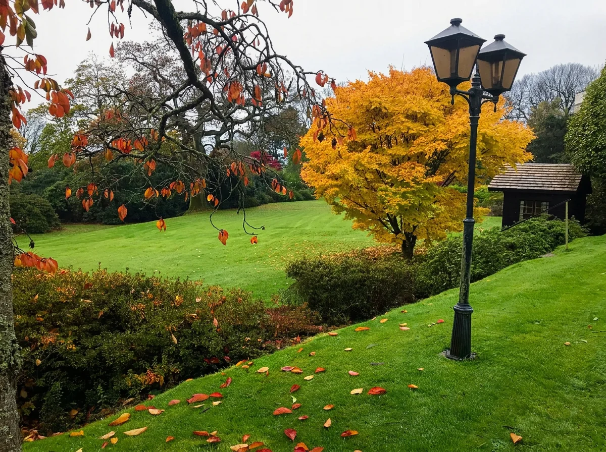 Cornish garden with a healthy lawn and rich autumn colour