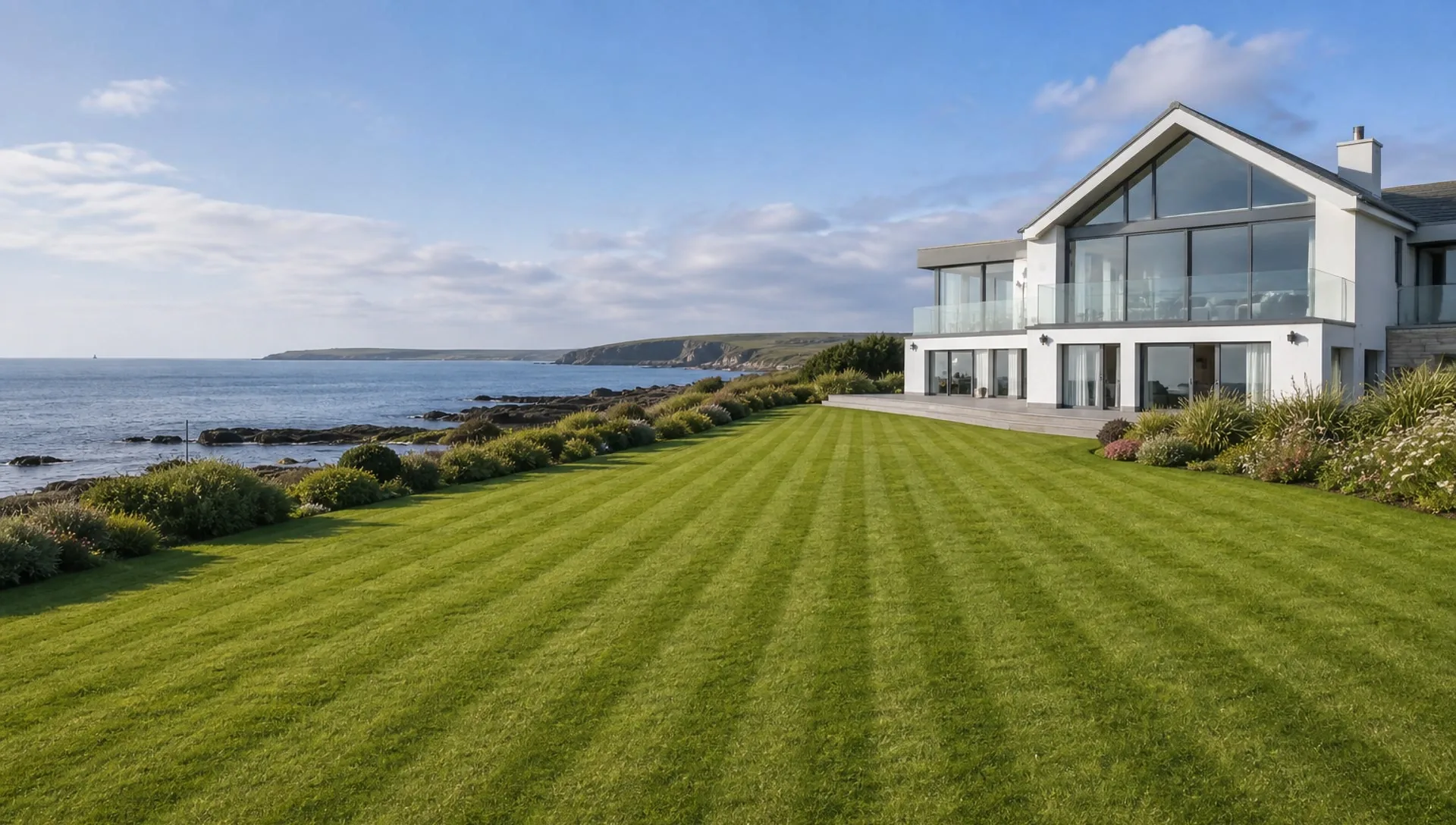 Striped lawn at a contemporary coastal home in Cornwall
