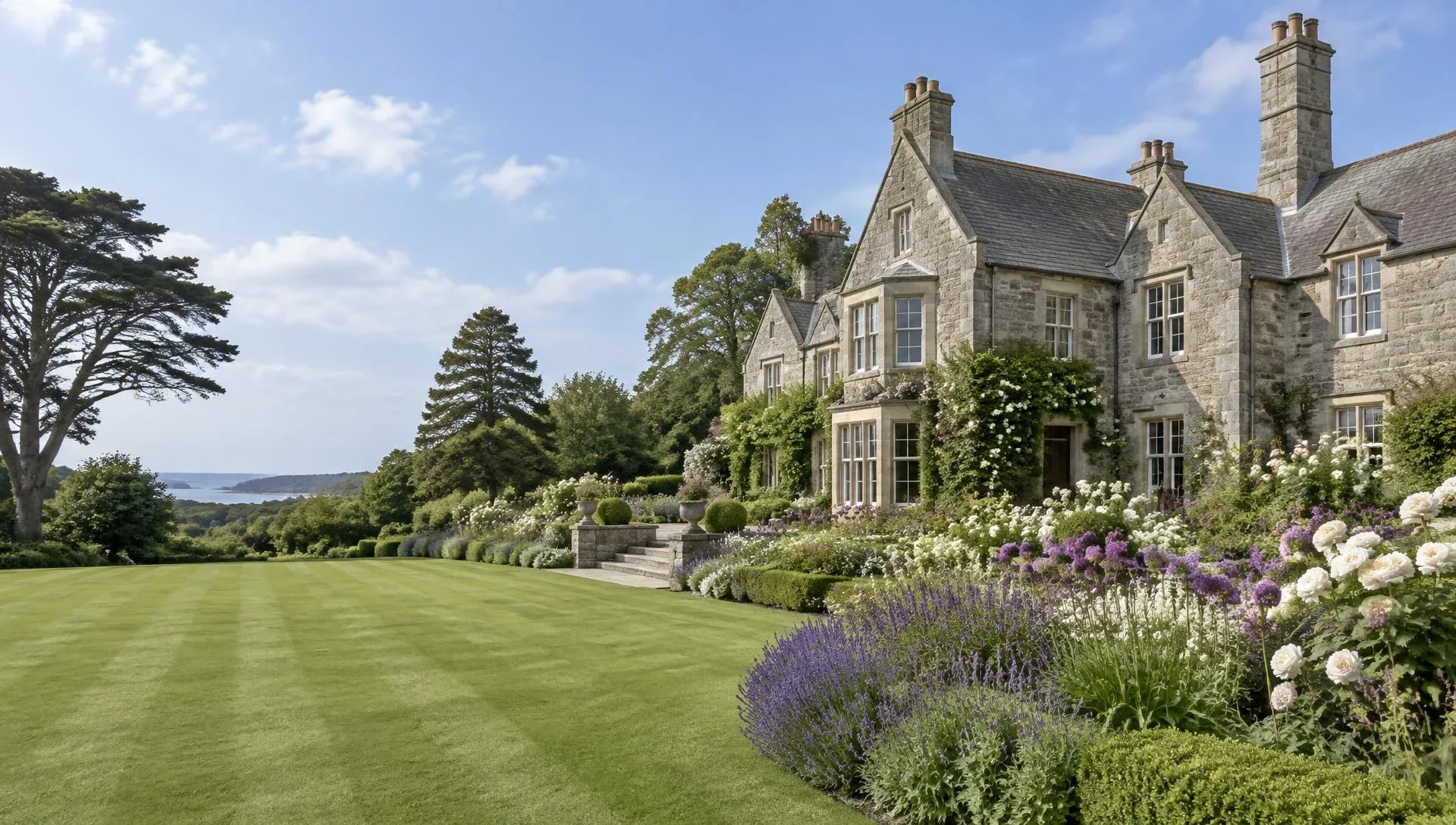 Country garden in Cornwall with a striped lawn and flowering borders