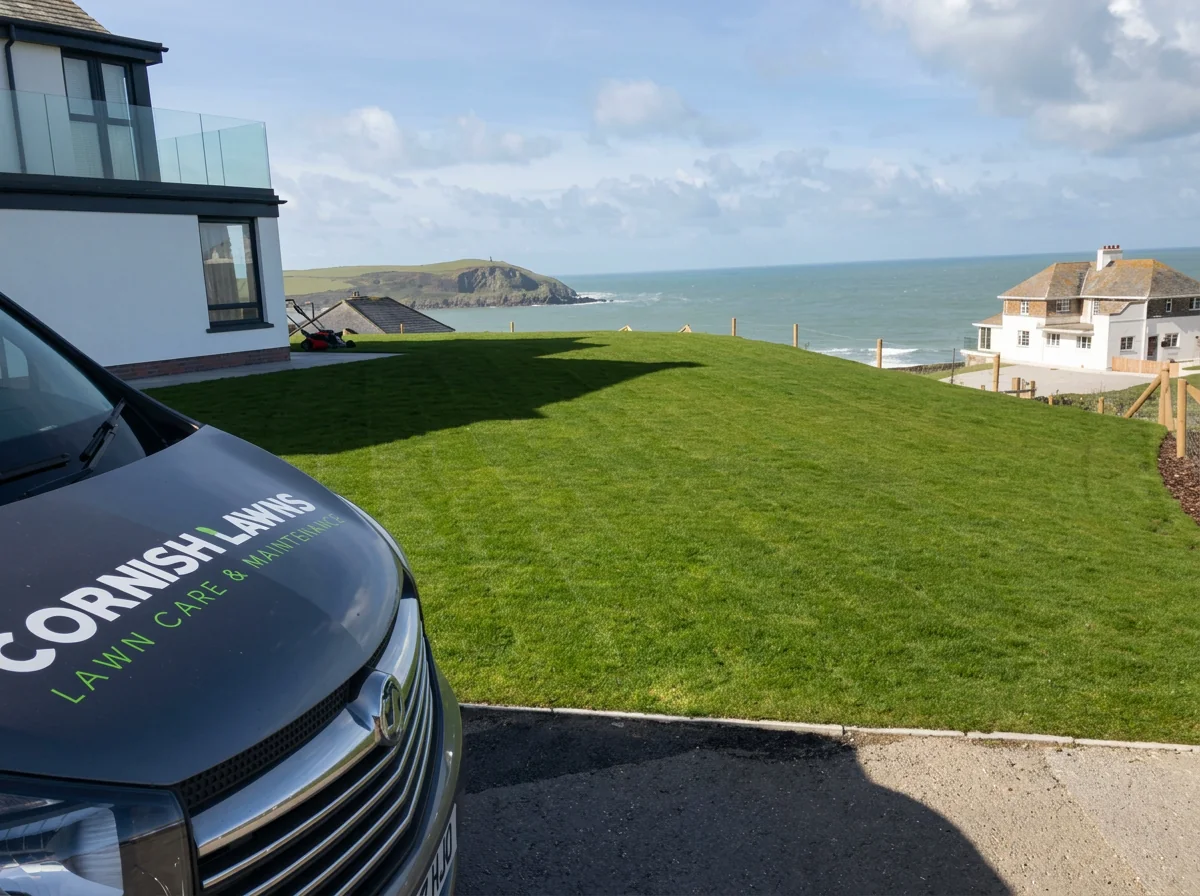 Holiday home garden with a neat lawn above the Camel Estuary coast