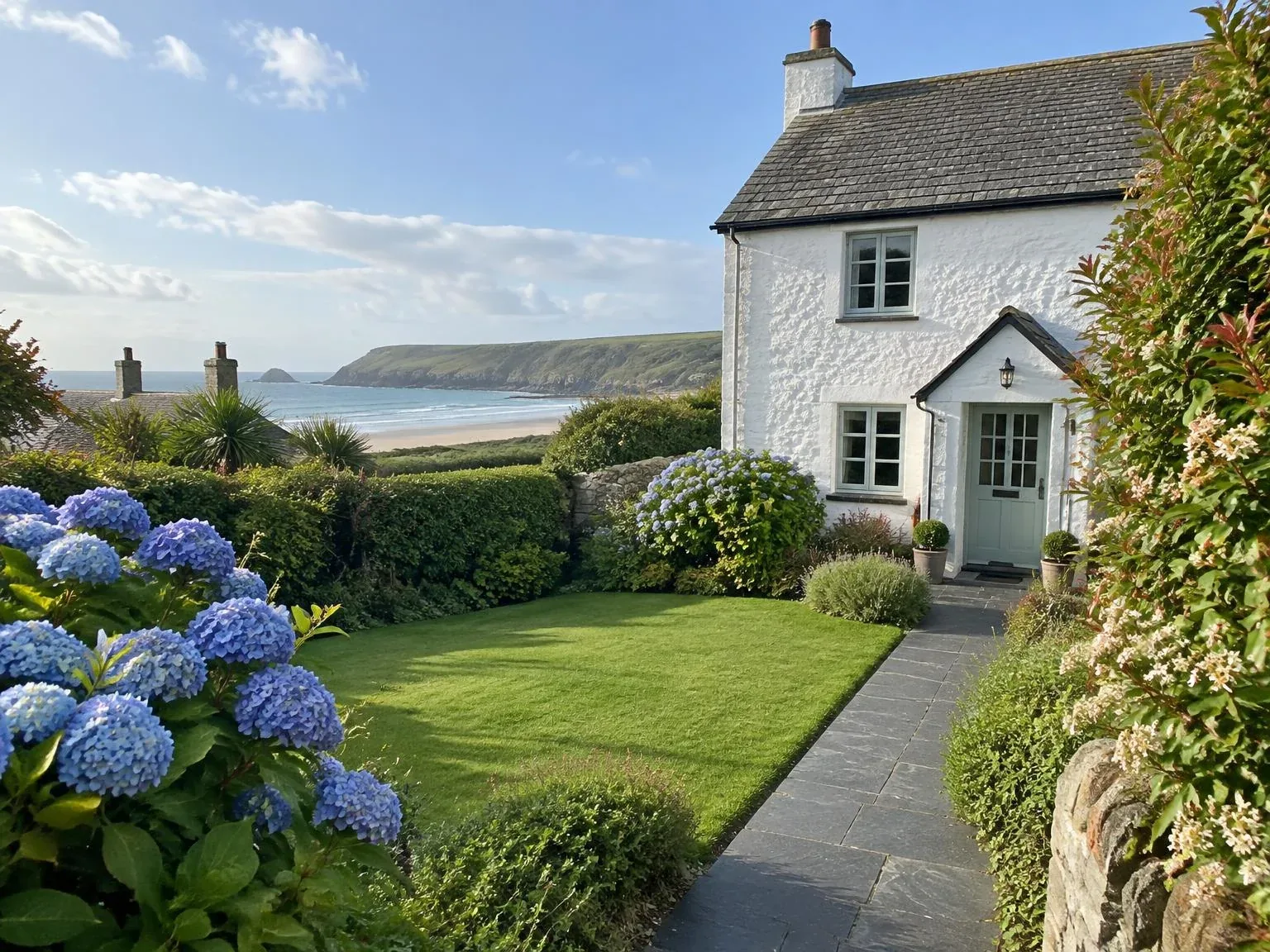 Holiday cottage garden with a neat lawn on the North Cornwall coast