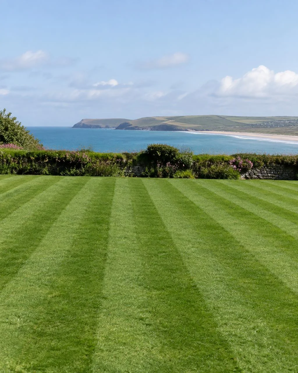 Striped coastal lawn overlooking the sea in North Cornwall